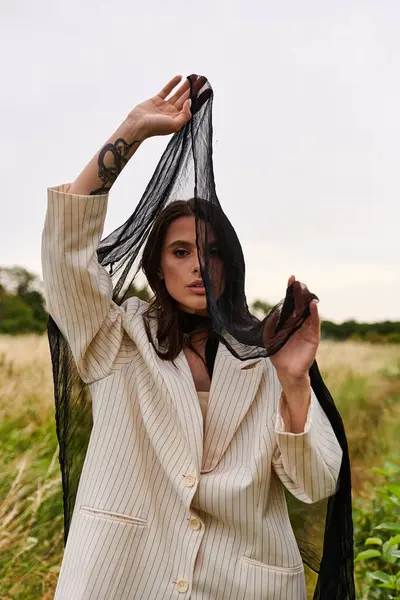 Stylish Woman Suit Scarf Standing Gracefully Field Enjoying Summer Breeze — Stockfoto