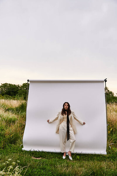 A beautiful young woman stands gracefully in front of a white backdrop, embodying the essence of nature and serenity.