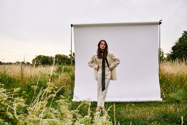A beautiful young woman in white attire stands gracefully in front of a white backdrop, embodying serenity and connection to nature.