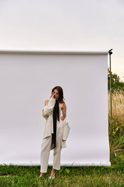 A beautiful young woman in white attire standing gracefully in front of a white backdrop, enjoying the summer breeze.