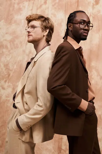 stock image Handsome multicultural men in elegant dapper style standing together.