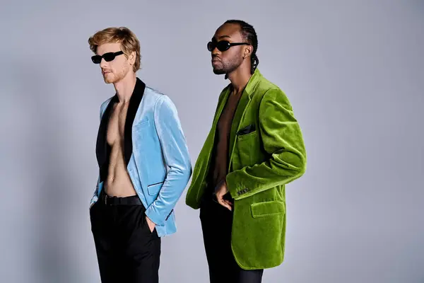 Two Multicultural Men Exude Elegance Dapper Style Standing Side Side — Stock Photo, Image