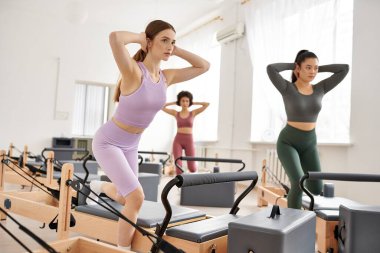 Group of women in a gym engaging in various exercises and activities. clipart