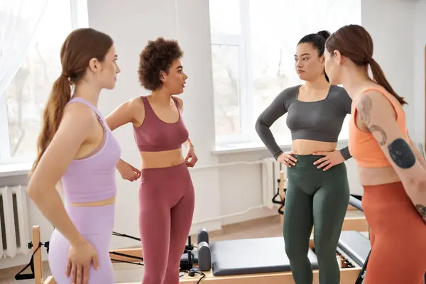 Sporty Women Taking Break Pilates Lesson Gym — Stok fotoğraf
