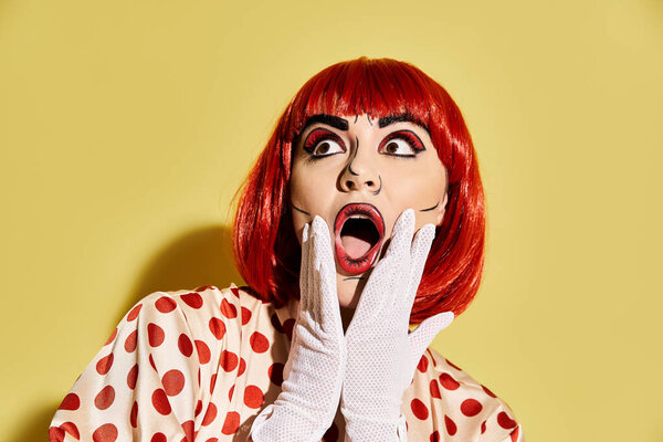 Стильная рыжеволосая женщина в белых перчатках, покрывающая рот художественным макияжем и блузкой в горошек..