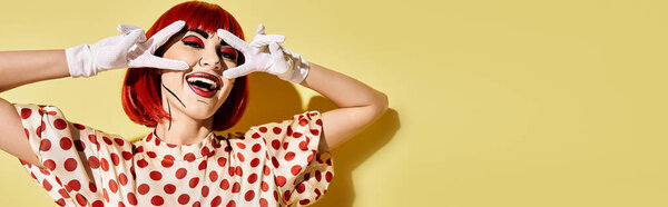 A redhead woman in white gloves covers her eyes, adding an air of intrigue and allure to her pop art comic character look.