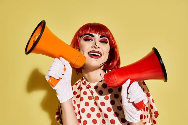 stock image A woman with red hair and pop art makeup holds a red and orange megaphone, exuding confidence on a yellow background.