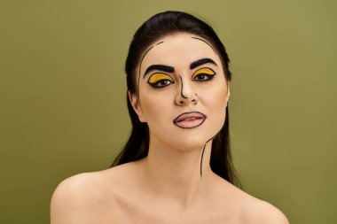 Brunette woman dons pop art makeup with yellow eyes clipart