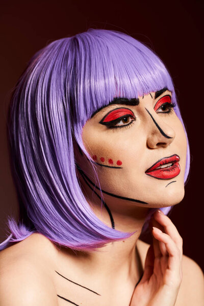 A striking woman in a purple wig and vibrant face paint, embodying a character from the pages of a comic book.