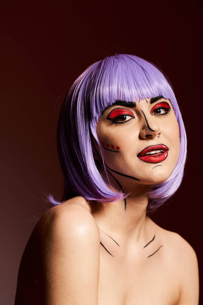 A beautiful woman with purple hair donning striking pop art makeup, resembling a character from comics.