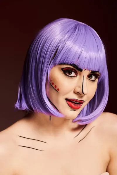 stock image A striking woman donning a purple wig and creative pop art makeup, resembling a character from comics.