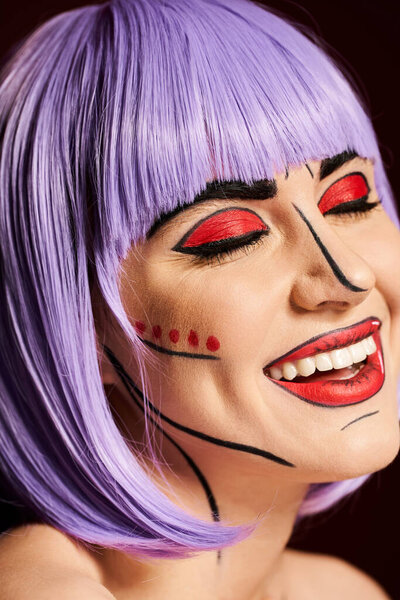 A striking woman with purple hair and bold pop art makeup reminiscent of a comic book character.