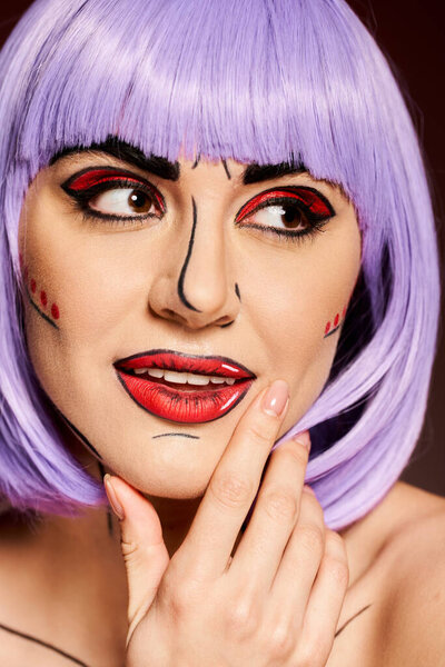 A stunning woman with bold purple hair and vibrant pop art makeup against a black background, reminiscent of a character from comics.
