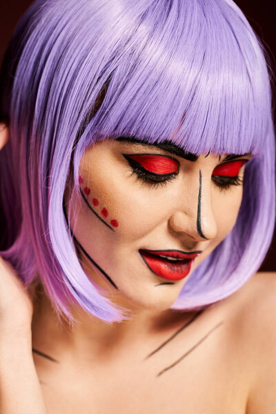 A striking woman with purple hair and vibrant pop art makeup, embodying a character from the pages of a comic book.
