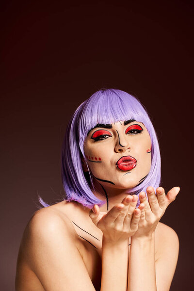 A stunning woman with bold purple hair and striking pop art makeup, resembling a character from comics.