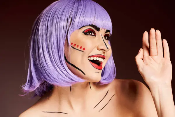 stock image A captivating woman sporting a purple wig and vibrant makeup, exuding creativity and an air of mystery.