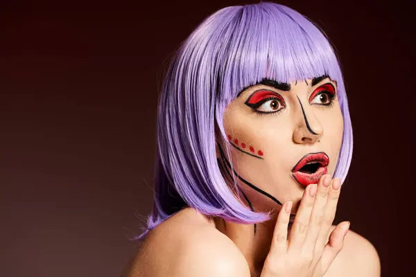 stock image A striking woman with purple hair and pop art makeup on a black background, resembling a character from comics.