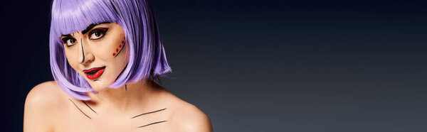 A stylish woman with purple hair and bold pop art makeup, exuding a character from comic books, against a sleek black backdrop.