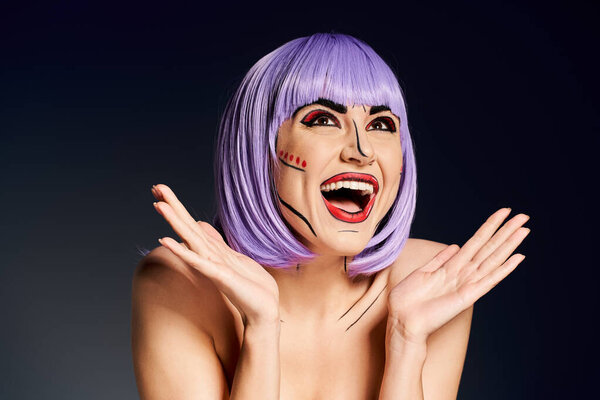 A captivating woman in a purple wig and artistic comic-inspired makeup gazes mysteriously against a dark backdrop.