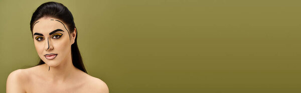 A stunning brunette woman in pop art makeup on her face