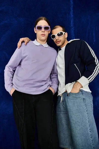 stock image Two men standing together, looking chic in sunglasses.