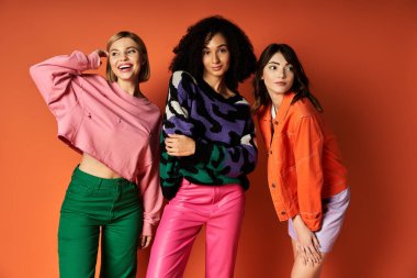 Canlı giysiler içinde bir grup genç ve güzel kadın bir aradalar, dostluğu ve kültürel çeşitliliği kutluyorlar..