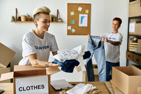 A young lesbian couple, wearing volunteer t-shirts, passionately unpack clothes together in a room.