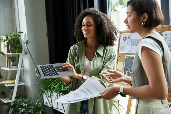 Stock image Two women discuss business ideas while working in an office.