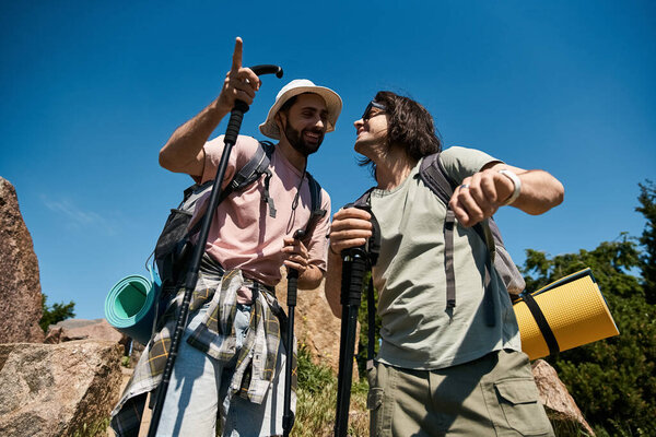 A young gay couple enjoys a summer hike in the wilderness, sharing a laugh and enjoying the beautiful scenery.