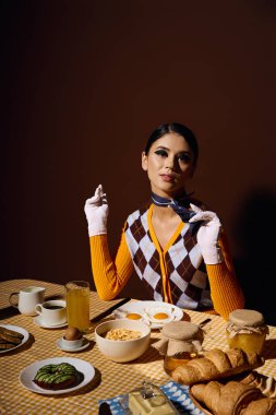 A young woman in a stylish sweater and gloves sits at a table with a plate of food. clipart