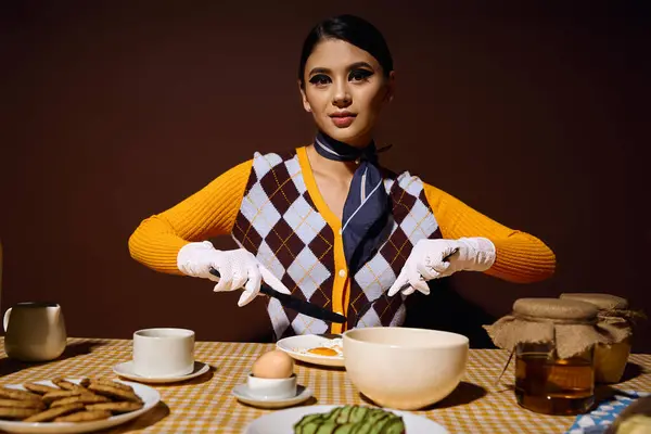 stock image A stylish woman with white gloves is cutting food at a table setting.