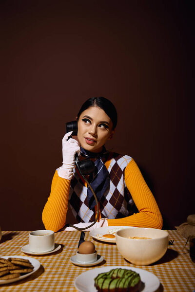 Женщина в модном наряде сидит за завтраком, разговаривает по ретро-телефону.