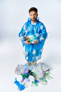 Plastik atık deniziyle çevrili plastik bir pançonun içinde duran bir adam..