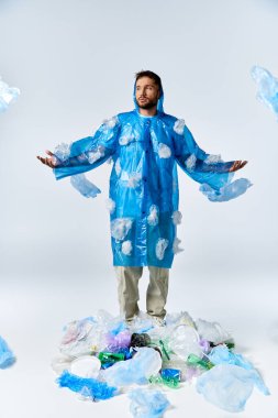 Plastik poşetlerden yapılmış mavi yağmurluk giyen bir adam etrafını plastik bir kazıkla sarmış duruyor..
