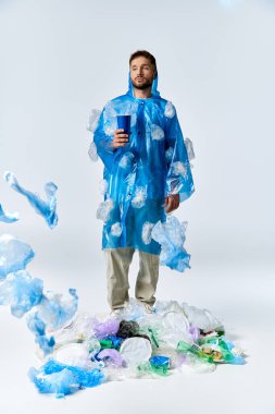 Bir adam büyük bir plastik atık yığınının içinde duruyor, mavi plastik bir panço giyiyor..