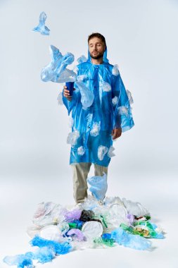 Plastik bir yığının içinde duran bir adam, mavi plastik bir panço giyiyor..