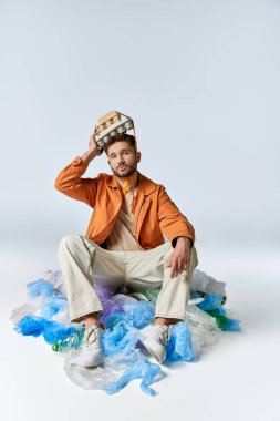 Plastik atık yığınının üzerinde oturan bir adam, sıradan bir turuncu ceket ve beyaz pantolon giyiyor..