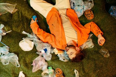 Plastik atıklardan oluşan bir yatakta yatan bir adam, atılmış eşyalarla çevrili..