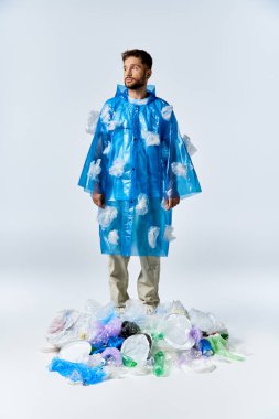 Mavi plastik pançolu bir adam büyük bir plastik atık yığınının üzerinde duruyor..