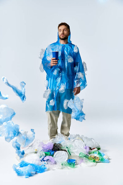 Мужчина стоит в большой куче пластиковых отходов в синем пластиковом пончо.