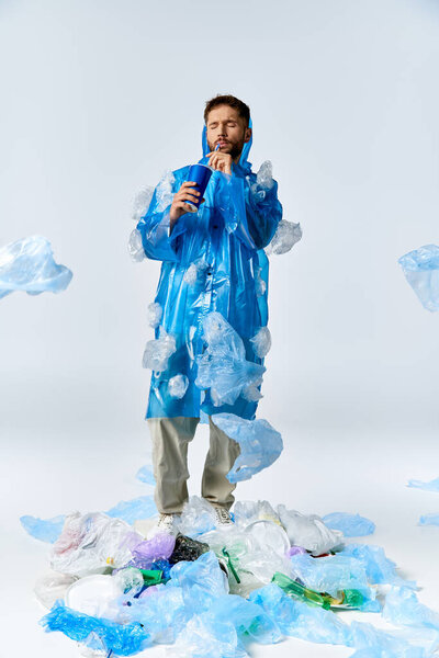Человек стоит посреди моря пластика, окруженный пластиковыми пакетами и бутылками.