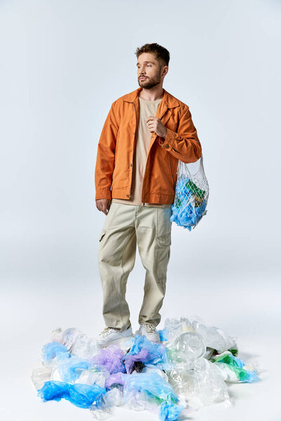 A man stands on a pile of plastic waste, holding a bag of plastic.