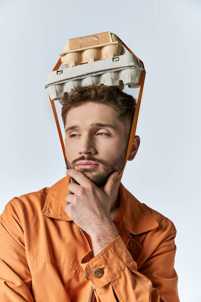 Man in orange jacket rests chin on hand, wearing egg carton hat.