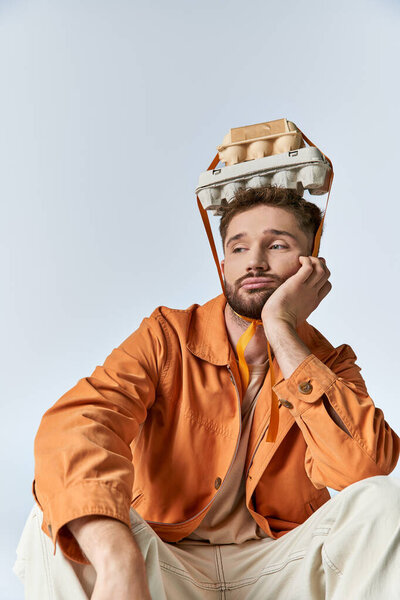 Мужчина сидит с коробкой яиц на голове, и ему скучно..