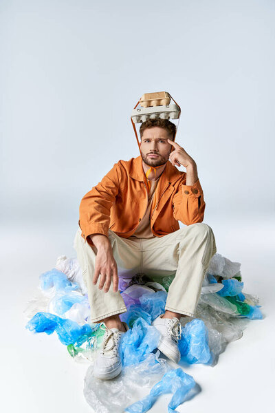Мужчина сидит среди пластиковых пакетов и контейнеров с коробкой с яйцом на голове.