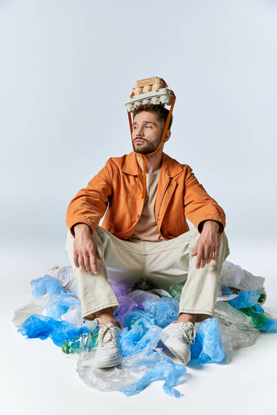 A man sits amidst a sea of plastic bags, an egg carton strapped to his head like a crown.