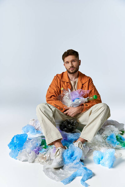 A man sits surrounded by plastic waste, holding a crumpled bag of plastic bottles.