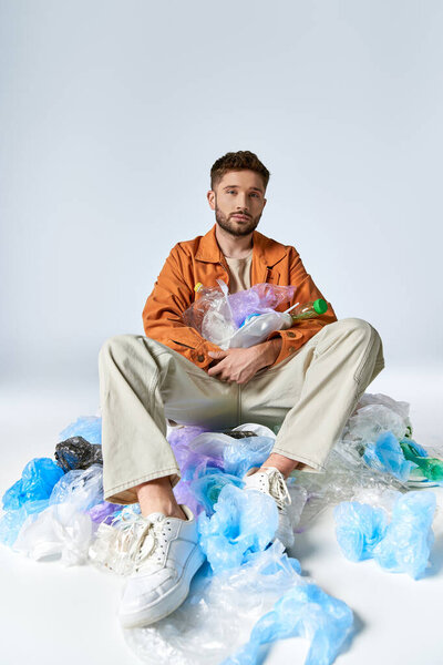 A young man sits in a sea of plastic bags, his expression thoughtful.