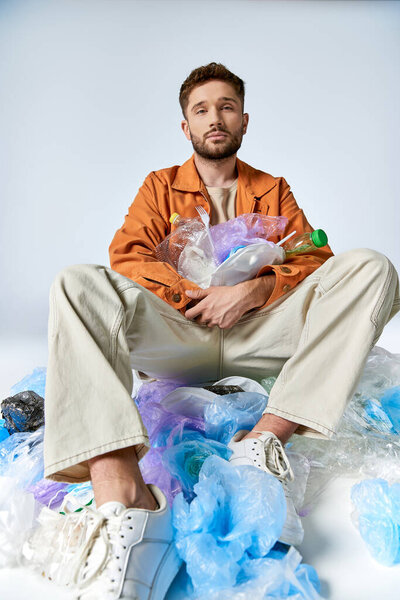 A young man sits surrounded by plastic bags and bottles.
