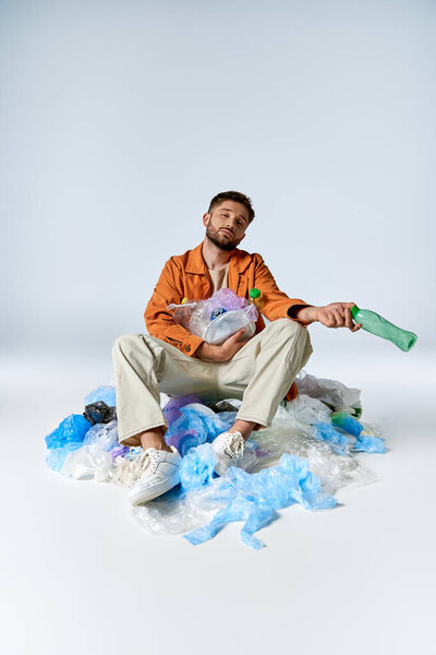 A man sits in a pile of plastic bags, holding a bottle and looking forlorn.